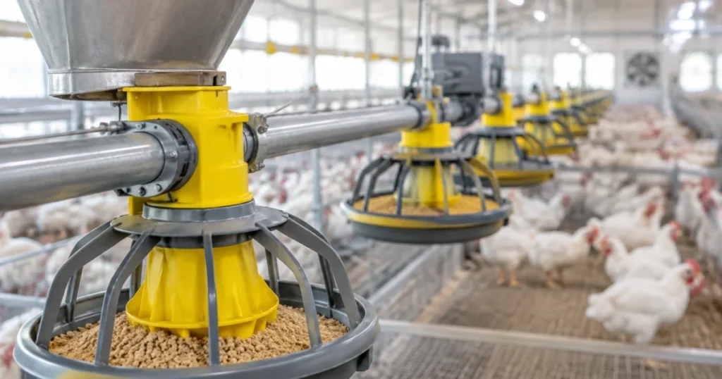Industrial chicken feeder line installed in a commercial poultry house