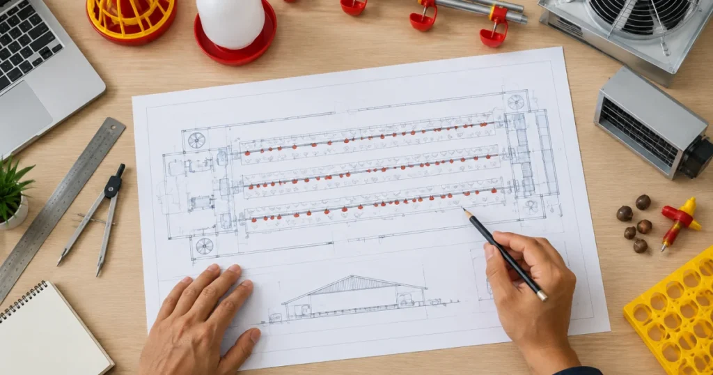 Planning a poultry equipment layout using a blueprint and system components